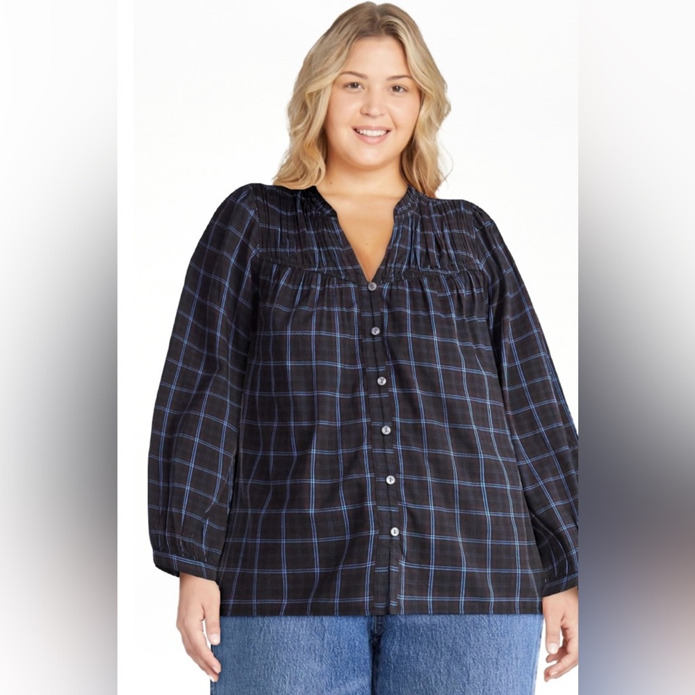 Time and Tru Black Plaid Button-Front Shirt with Blue Windowpane